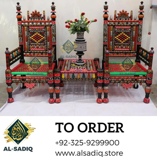 Exquisite Handmade Traditional Colorful Rosewood (Sheesham) Chinioti Chairs (2 chairs, table not included) ,Decor - Elevate Your Home's Look with High-Quality Craftsmanship - AL-SADIQ